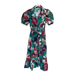 Walter Stewart Women's L Green Floral Midi Shirt Dress Short Sleeve